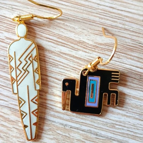 Vintage Laurel Burch Cloisonné Earrings 'Man & Pelican' Dangle French Ear Wires - Picture 2 of 9